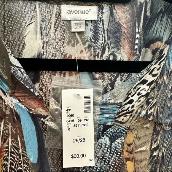 Avenue Plus Tunic Top Blouse Feather Designs NWT 26/28 - Picture 2 of 6